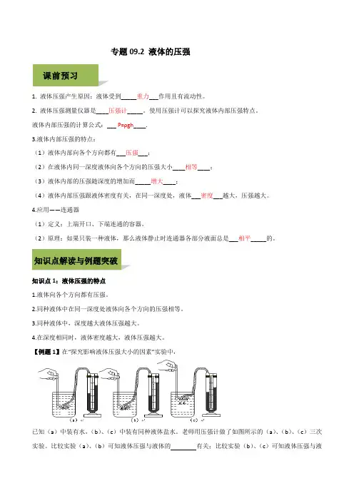 (最新实用)2020人教版八年级下册物理精讲精练 9-2 液体的压强(解析版)