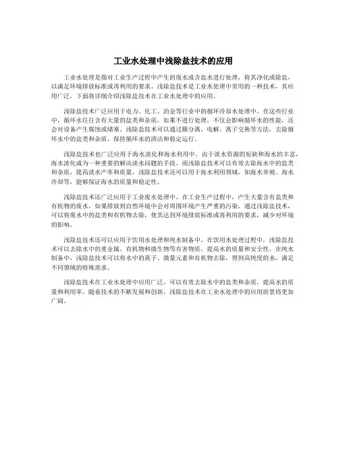 工业水处理中浅除盐技术的应用
