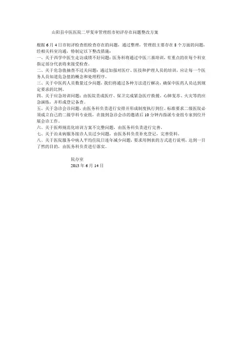 山阳县中医医院二甲复审管理组市初评存在问题整改方案