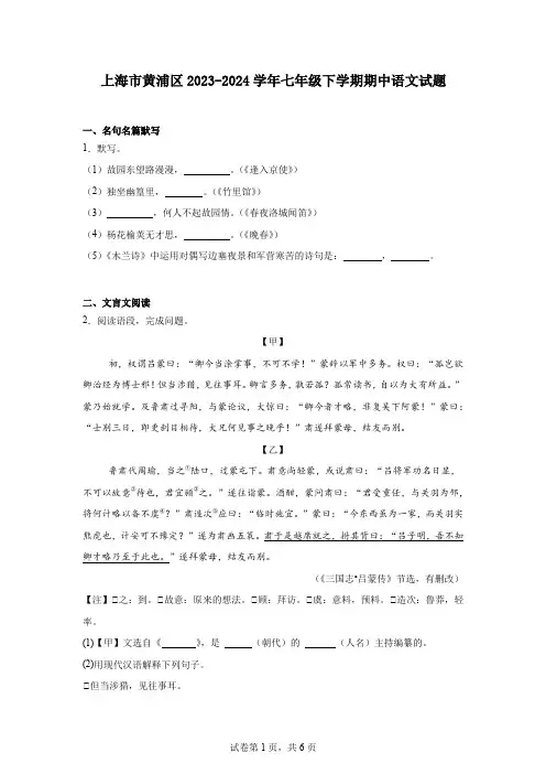 上海市黄浦区2023-2024学年七年级下学期期中语文试题