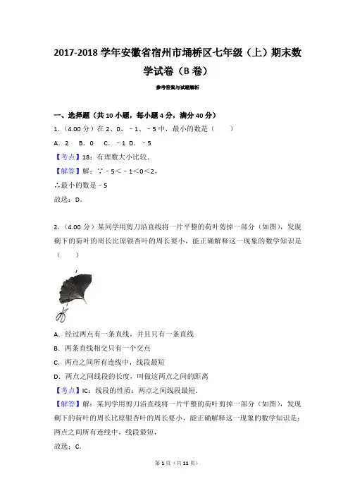 安徽省宿州市埇桥区七年级数学2017-2018学年上学期期末试卷(B卷)(带答案解析)