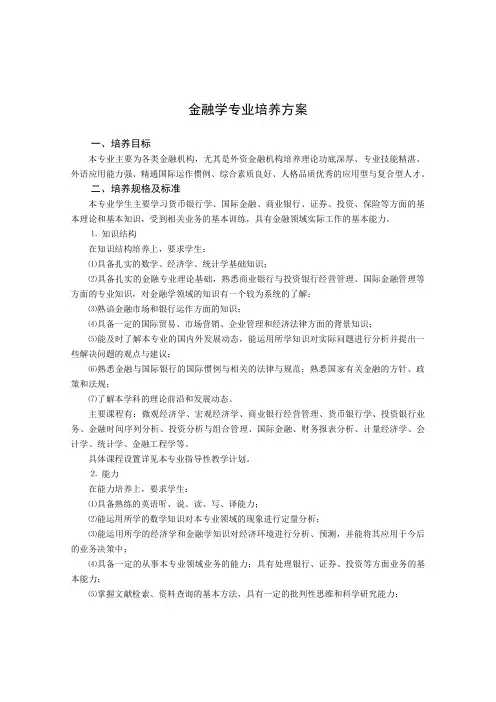 金融学专业培养方案
