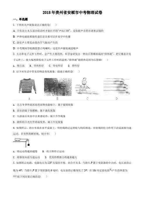贵州省安顺市2018年中考物理试题(原卷版)