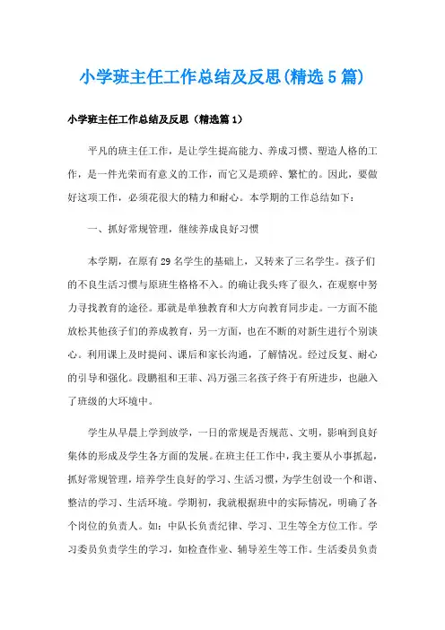 小学班主任工作总结及反思(精选5篇)