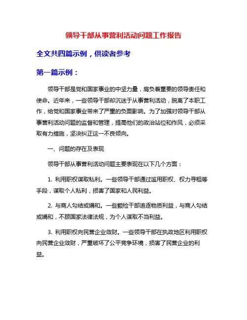 领导干部从事营利活动问题工作报告