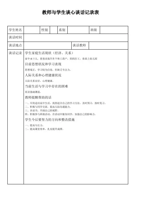教师与学生谈心谈话记录表