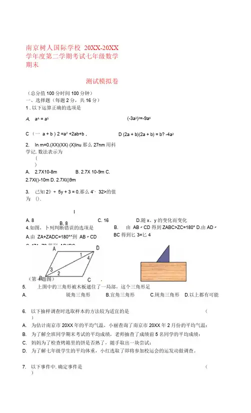 南京树人国际学校七年级数学第二学期期末测试模拟卷 苏科版