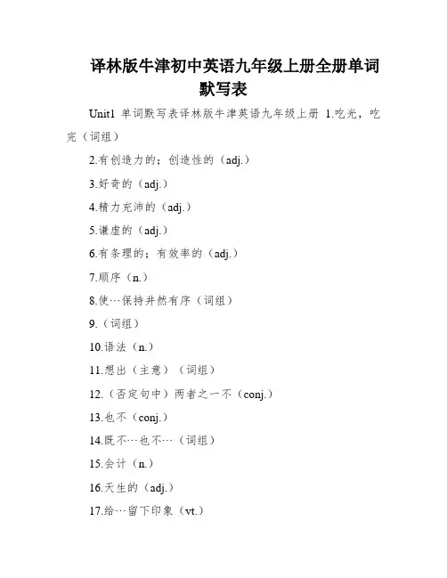 译林版牛津初中英语九年级上册全册单词默写表