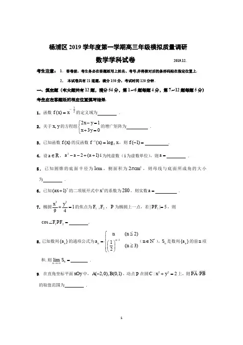上海市杨浦区2019-2020学年度第一学期高三年级模拟质量调研数学试卷(含答案)