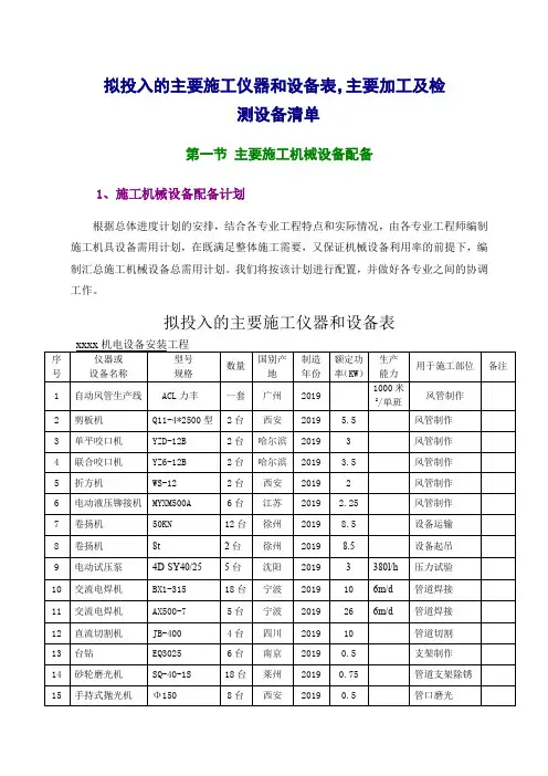 拟投入的主要施工仪器和设备表