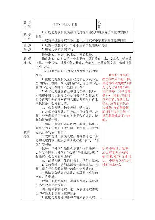 大班语言教案：背上小书包