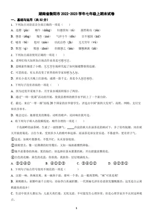 湖南省衡阳市2022-2023学年七年级上学期语文期末试卷(含答案)