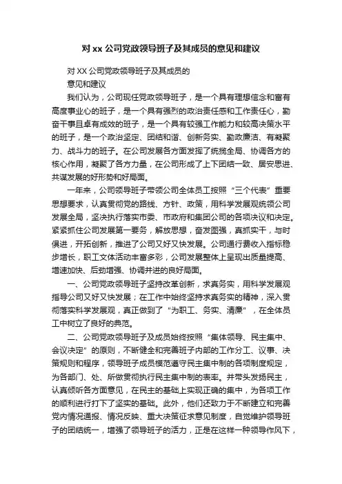 对xx公司党政领导班子及其成员的意见和建议