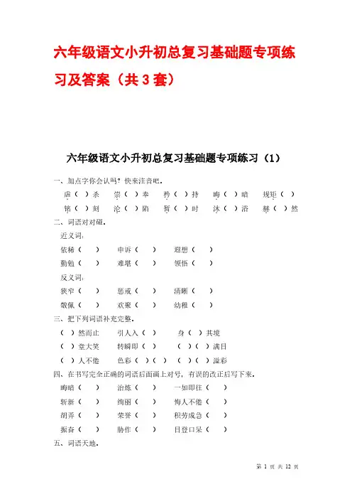 六年级语文下册小升初总复习基础题专项练习及答案(共3套)
