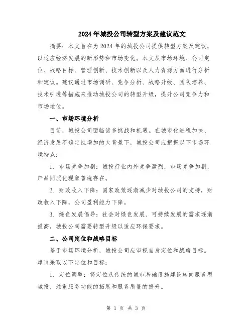 2024年城投公司转型方案及建议范文