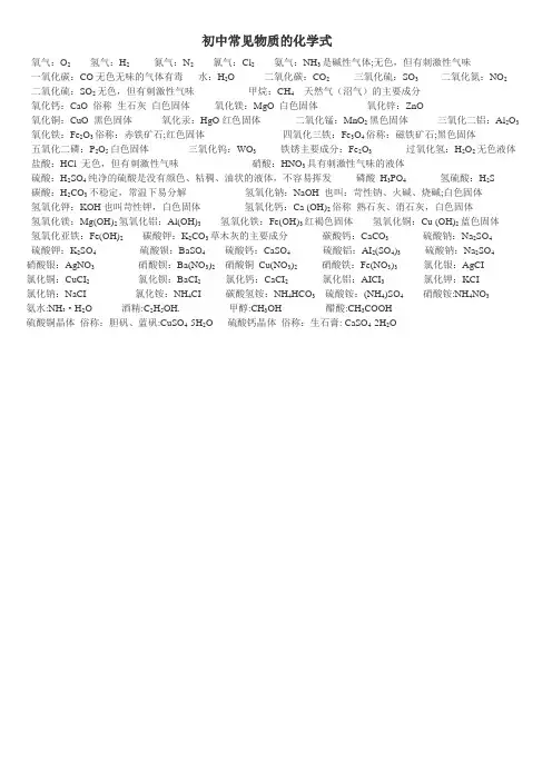初中常见物质的化学式