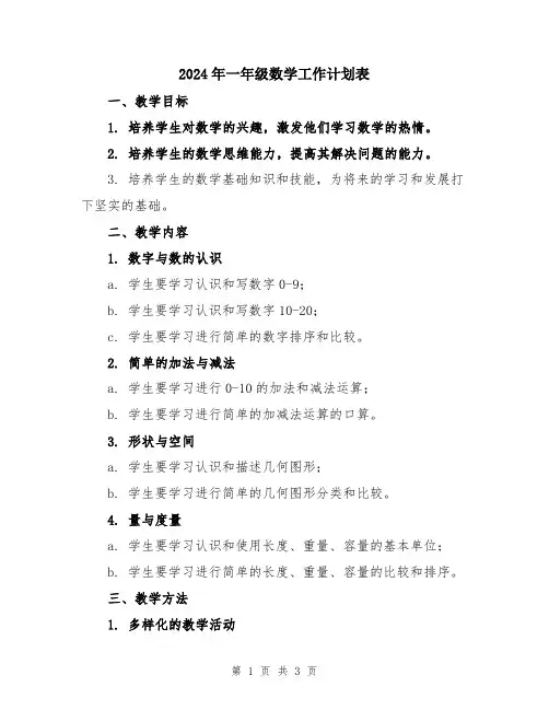 2024年一年级数学工作计划表
