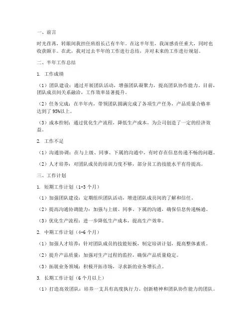 班组长半年总结及工作计划