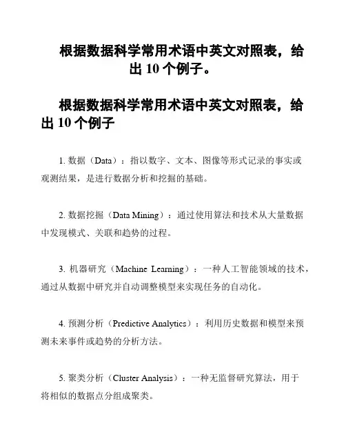 根据数据科学常用术语中英文对照表,给出10个例子。