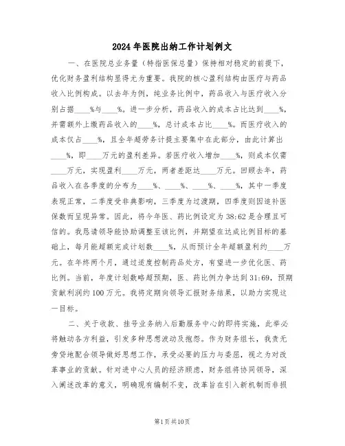 2024年医院出纳工作计划例文（5篇）