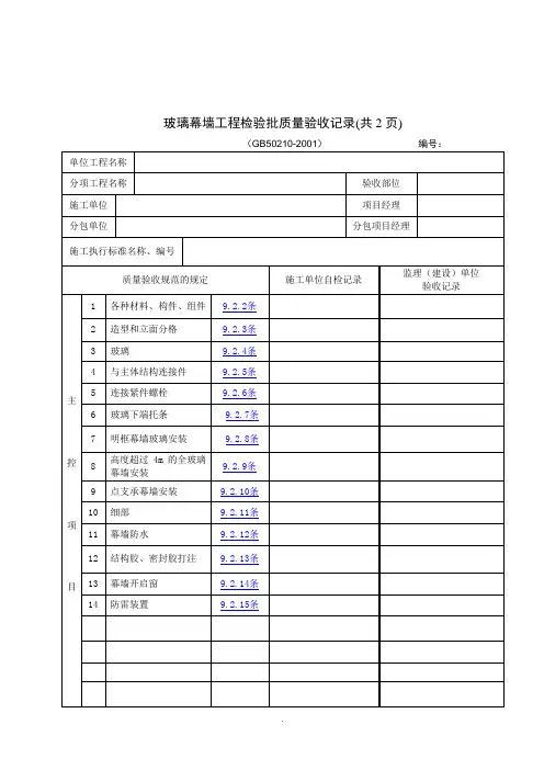 【管理精品】玻璃幕墙工程检验批质量验收记录(共2页)