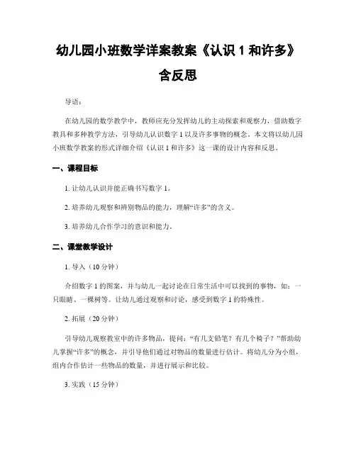 幼儿园小班数学详案教案《认识1和许多》含反思