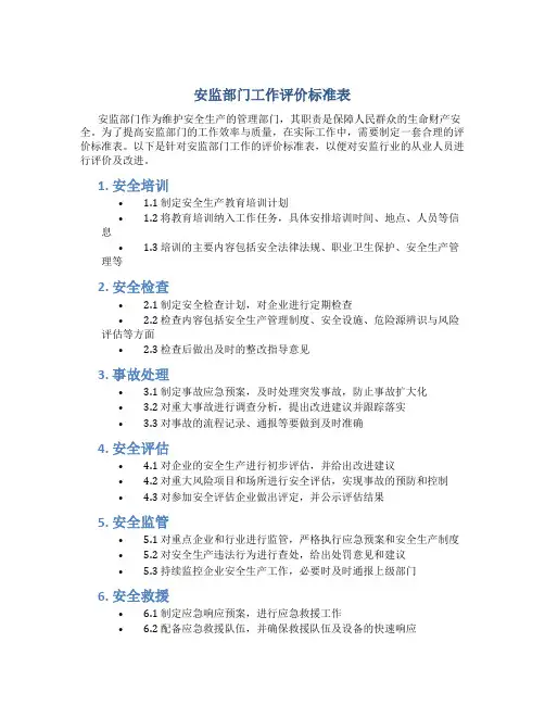 安监部门工作评价标准表