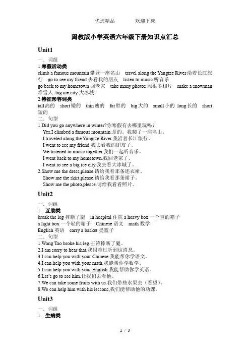 六年级下册英语素材知识点汇总闽教版