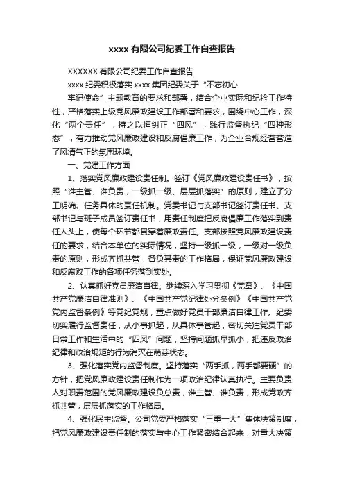 xxxx有限公司纪委工作自查报告