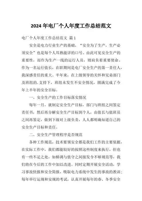 2024年电厂个人年度工作总结范文