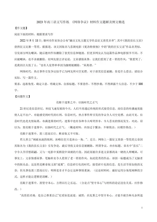 2023年高三语文写作练 《网络争议》材料作文题解及例文精选