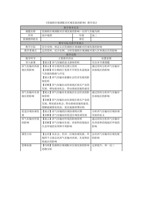 高中二年级下学期地理《资源跨区域调配对区域发展的影响》教学设计
