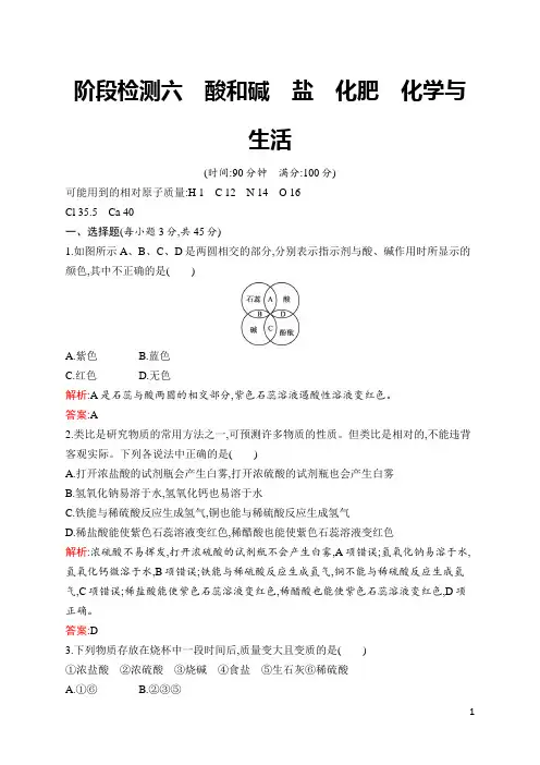 人教版九年级化学中考总复习  阶段检测6 酸和碱 盐 化肥 化学与生活  含答案及解析