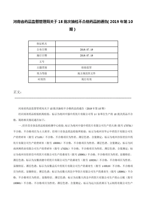 河南省药品监督管理局关于18批次抽检不合格药品的通告（2019年第10期）-