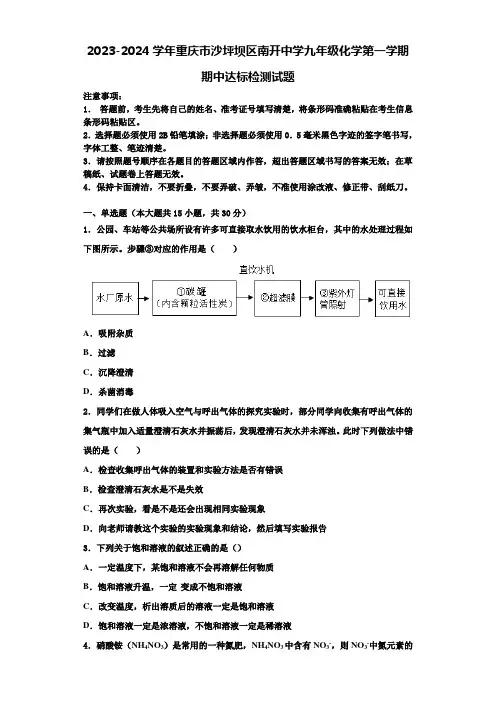 2023-2024学年重庆市沙坪坝区南开中学九年级化学第一学期期中达标检测试题含解析