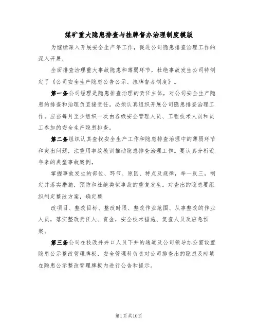 煤矿重大隐患排查与挂牌督办治理制度模版(3篇)