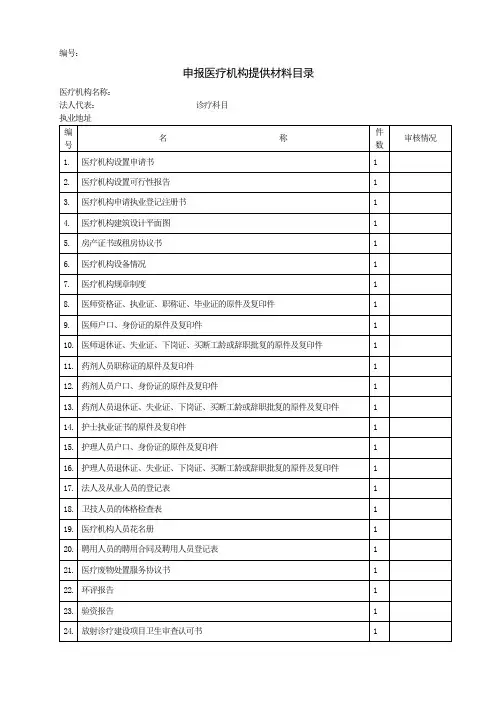 申报医疗机构提供材料目录
