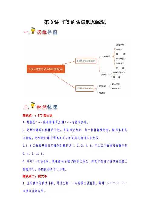 第3讲  1~5的认识和加减法(教师版)(知识梳理+典例分析+举一反三+巩固提升)人教版