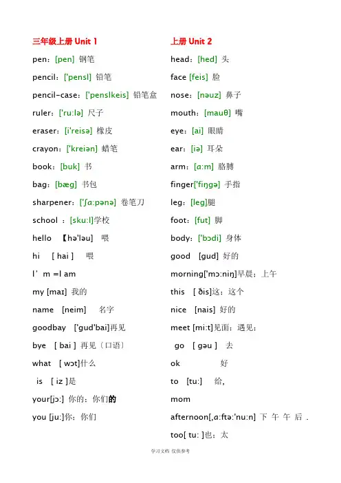 人教版PEP小学英语单词表(带音标)