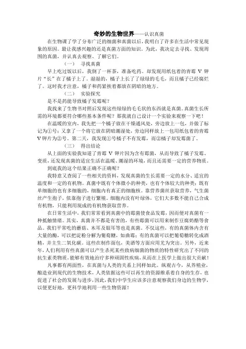 最新学生生物论文   奇妙的生物世界——认识真菌