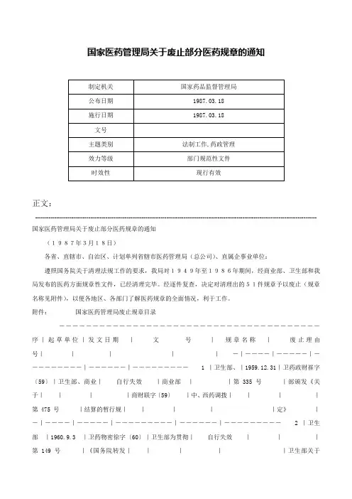 国家医药管理局关于废止部分医药规章的通知-
