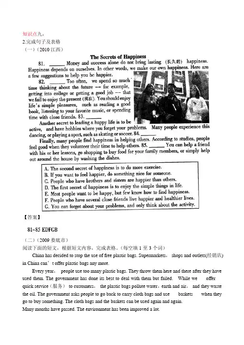 2010年九年级英语中考真题分类汇编：补全句子,完成句子及表格阅读.doc