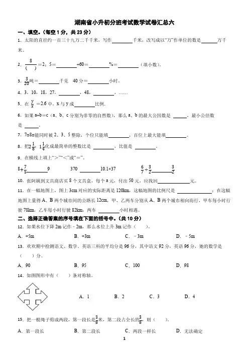 湖南省小升初分班考试数学试卷汇总六(含答案)