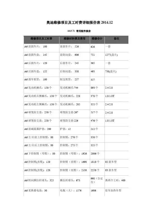 (精选文档)奥迪维修项目和工时费详细报价表