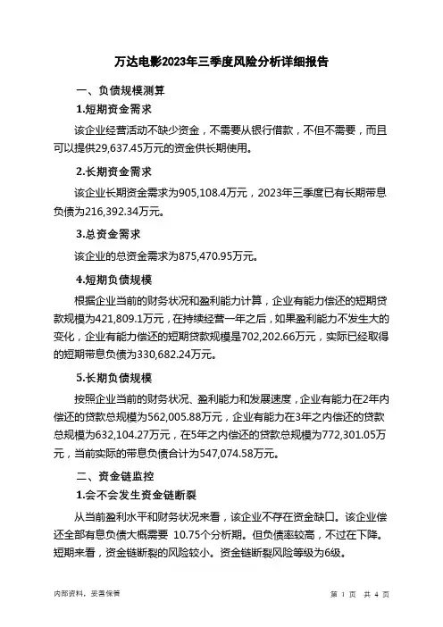 002739万达电影2023年三季度财务风险分析详细报告