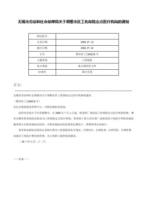 无锡市劳动和社会保障局关于调整市区工伤保险定点医疗机构的通知-锡劳社工[2008]6号