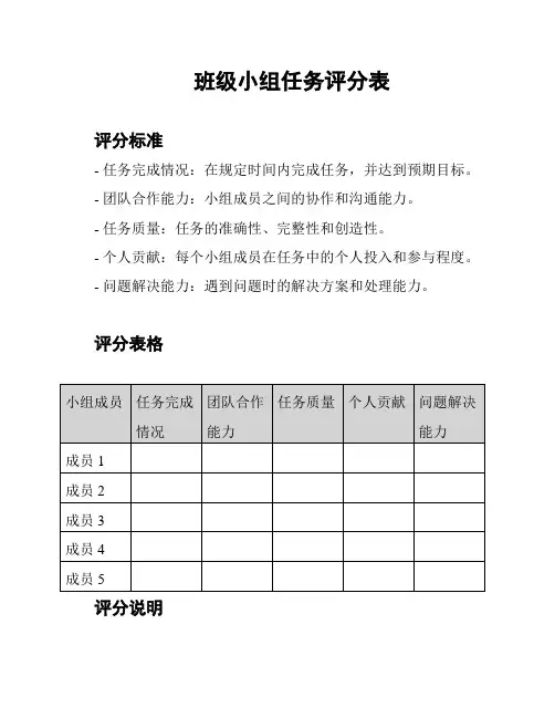 班级小组任务评分表