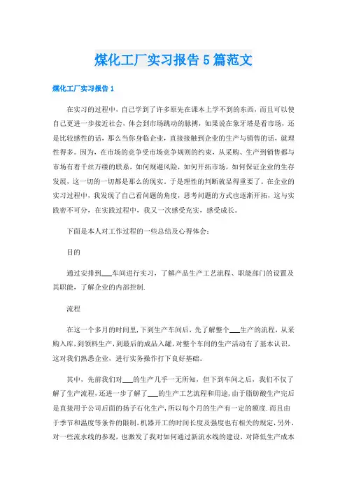 煤化工厂实习报告5篇范文