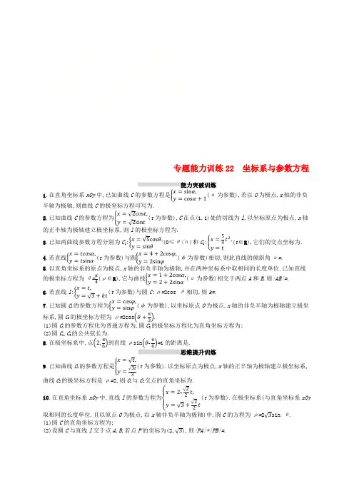 新课标天津市2019年高考数学二轮复习专题能力训练22坐标系与参数方程理