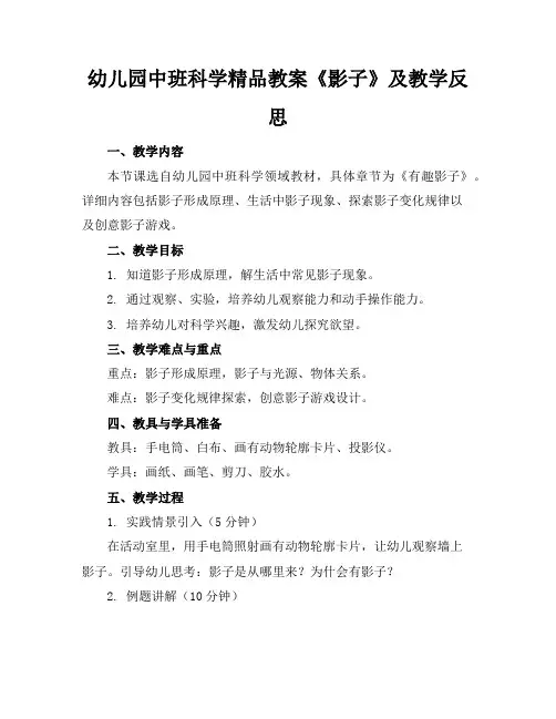 幼儿园中班科学精品教案《影子》及教学反思